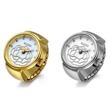 Women's Flower Print Finger Ring Watches Elastic Band Quartz Analog Watch Gift