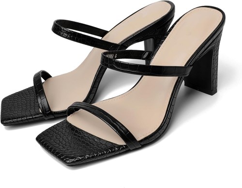 Womens Two Strap Open Toe Block Heeled Sandal Slip On Square Toe Heels(Size:7.5) - Picture 2 of 7
