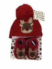 Little Me Baby Holiday Hat And Bootie Set - Red - Reindeer - 0-6 MONTHS