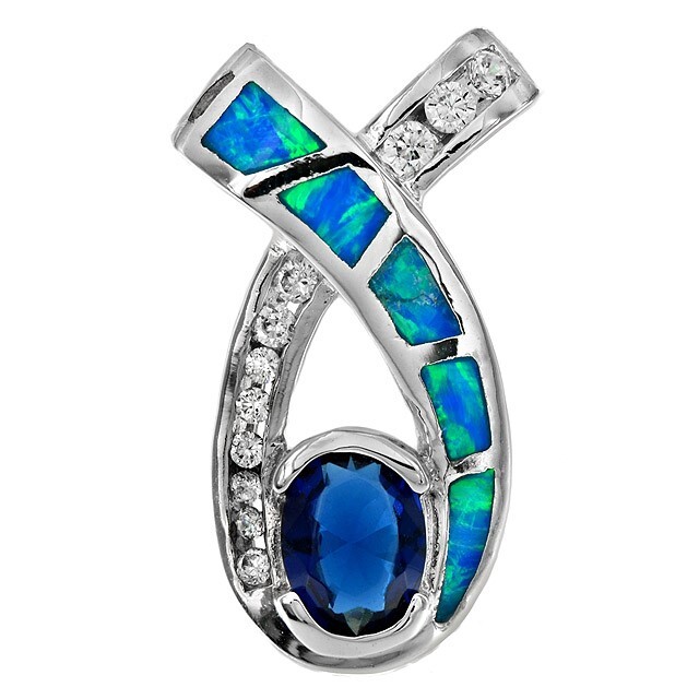 2CT Treated Blue Sapphire & Australian Opal Inlay 925 Sterling Silver Pendant