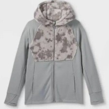 All in Motion Boys XS Gray Zip Hoodie Jacket Sherpa Lined Tie Dye Hooded Warm