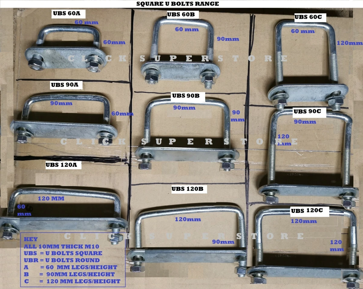 ROOF BOX SQUARE U BOLTS STEEL LARGE 90 x 120 X 10mm M10 4X4 VANS STEPS UBS 90C