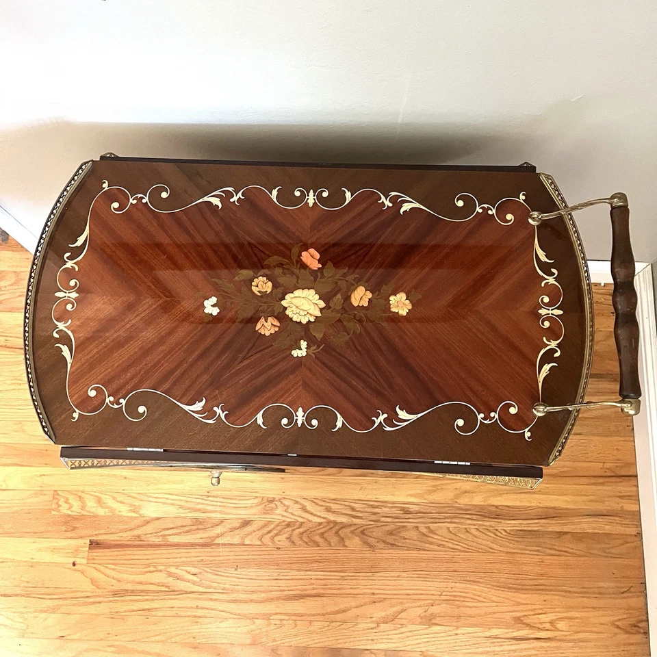 Carro de bar de marquetería italiano vintage con incrustaciones de madera MCM carro de servir hojas caídas Foto 2 de 4