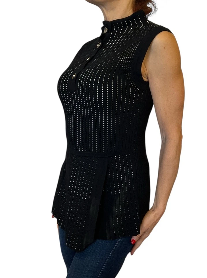 Suéter Polo Sportmax Max Mara Negro Sin Mangas Tejido Acanalado Peplum Top Rayas S/M Foto 3 de 4