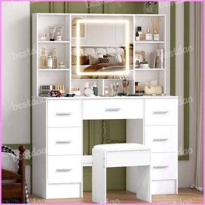 YAMISSI Makeup Vanity Desk Stool Set with Mirror and LED Lights Dressing Table 7 Drawers