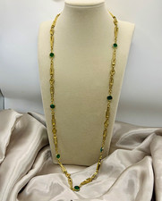 Vintage Gold Tone Emerald Green Glass Bezel Station Opera Chain Necklace 30&rdquo;