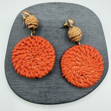 Orange Woven Rattan Disc Drop Earrings Boho Raffia Statement Dangle Jewelry