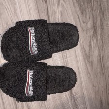 Balenciaga Men's Gray Faux Fur Shearling Slide Slippers US 10 Comfort