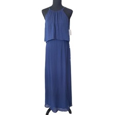 Davids Bridal Navy Chiffon Maxi Dress Womens 6 High Neck Layered Formal Gown