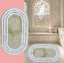 Madison 24x40 Thick Green Cotton Chenille Bath Rug Crochet Edge Oval Cottagecore