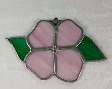 Vintage Stained Glass Sun Catcher Pink Flower Green Leaves 5.5"x3.25"