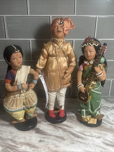 Golu Display Dolls Vintage Set of 3 Saraswati Maharaja and Bharatnatyam India