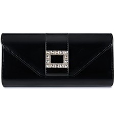 Patent Leather Envelope Flap Clutch Classic Elegant Evening Bag Rhinestones P...