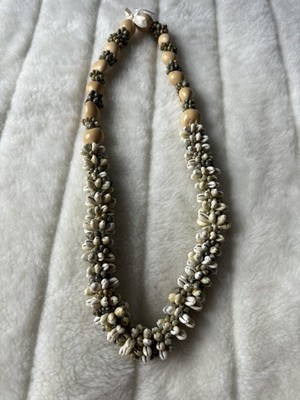 Hawaiian Kukui Nut & Cowrie Shell Lei Necklace on Brown Ribbon 