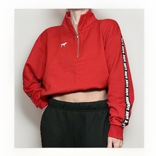 Victoria s Secret PINK Quarter Zip Pullover Sz L RED Dog Logo Tape Valentines