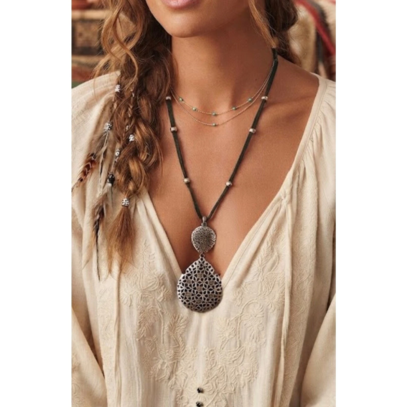 Boho Lucky Brand Silver-Tone Filigree Teardrop Pendant Necklace image 1