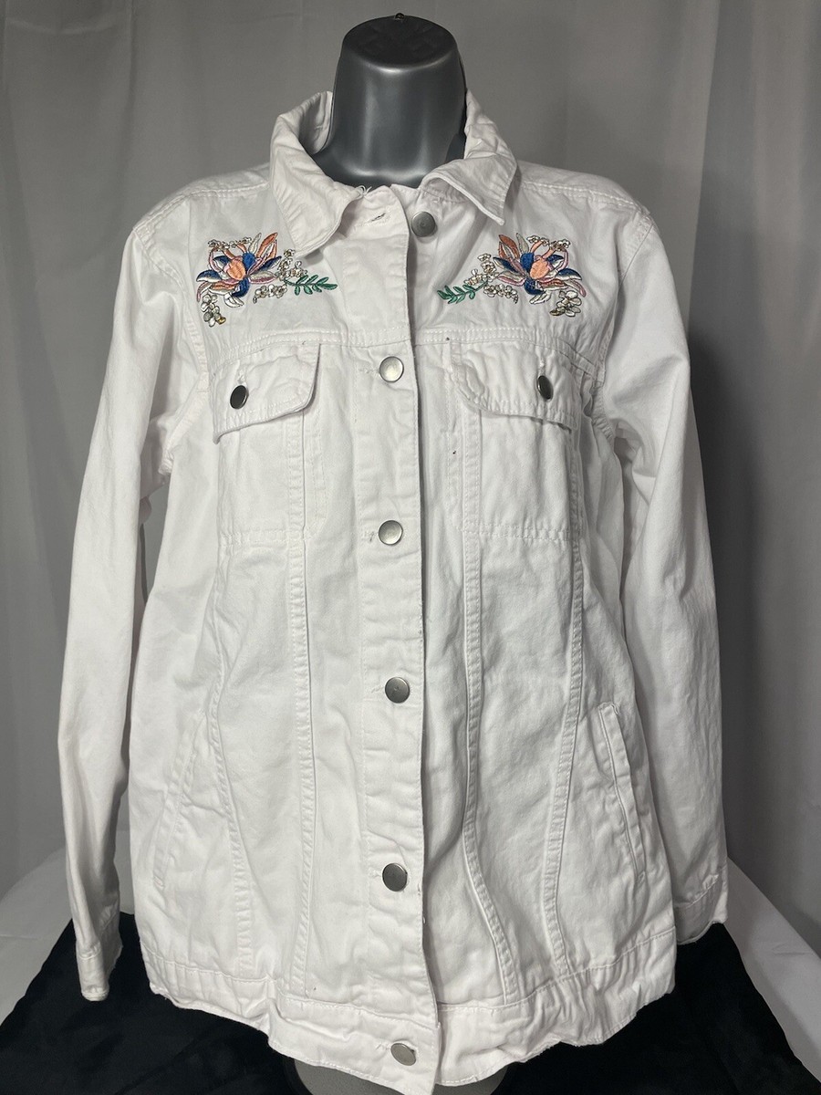 【GRAVER】Flower Dot Embroidery White Clip Jean Jacket UNISEX] Flower dot embroidery white clip hood jacket_black