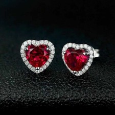 3Ct Heart Cut Simulated Red Ruby Women's Halo Earrings 14K White Gold Plated