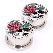 Stainless Steel Rose & Skull Screw Fix Ear Tunnel Plug Stretcher Taper A775