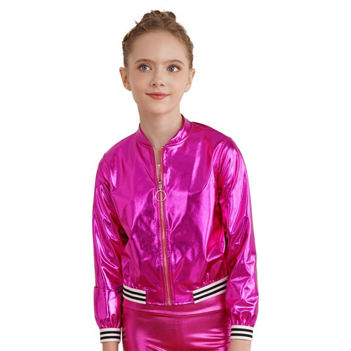 Kids Girls Long Sleeve Outerwear Zipper Closure Striped Edge Bronzing Jacket - Picture 56 of 122
