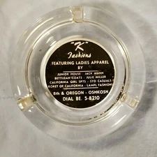 Vtg "K" FASHIONS Ladies Apparel Glass Advertising Ashtray OSHKOSH WI Wisconsin