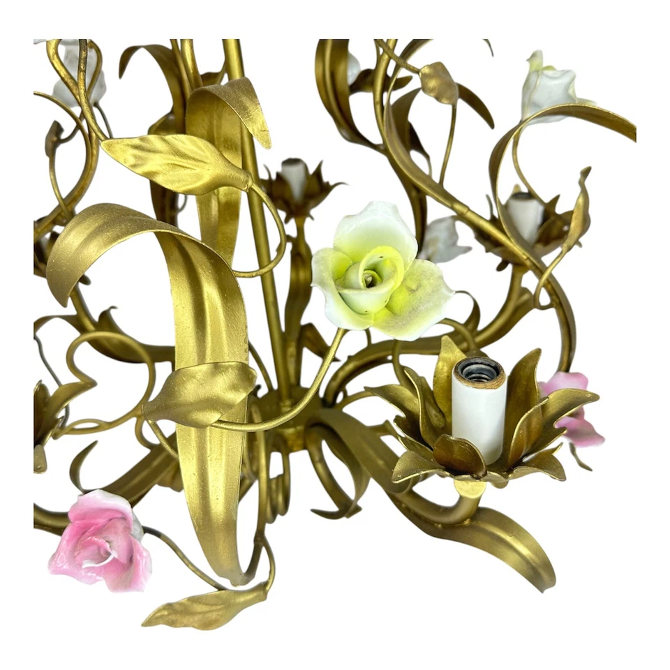 Candelabro vintage francês metal dourado porcelana rosas - Imagem 3 de 4