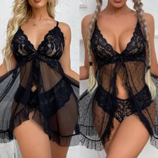 Plus Size Women Sexy Lingerie Chemise Babydoll Sleepwear Lace Dress G-string US