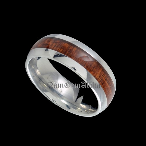 Hawaiian Koa Wood Stainless Steel Dark Koa Wood Hawaiian Wedding Band Ring - Picture 7 of 9