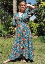 SALE Blue Long Wrap Dress  M L XL XXL  10 12 14 16 18 20 22 hippy cottagecore ar
