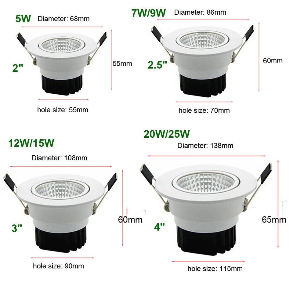 7/9/15/20W Dimmable Recessed LED Ceiling Downlights COB Spot Light Lamp 110-240V - Image 3 of 4