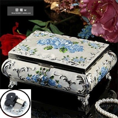 YOU ARE MY SUNSHINE WHITE TIN ALLOY RECTANGLE SKYBLUE  ROSES  MUSIC BOX