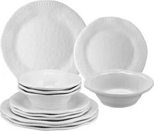 12 Piece Pebble Melamine Dinnerware Sets, Outdoor Dishes Set, Set of 4