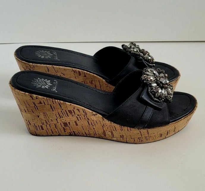 Yellow Box Black Sandals CARISSA Cork Wedge Heel Wome… Gem