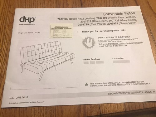 Convertible Futon 2007009…Instruction Manual Only Ships N 24h - 第 1/2 張圖片