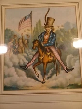 Antique 1875 Chromolithograph print Uncle Sam Riding on a Pony. Framed original 