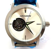 New ARAGON ULTRA OPEN HEART Automatic Mens Watch 44mm 24 Jewels A201 Silver Dial