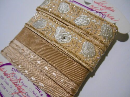 Jacquard Embroidered Floral Grosgrain Trim Ribbon Ecru Silk Rayon 4Yds Hand Dyed - Picture 4 of 5