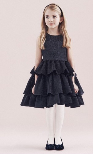 $1190 NEW Oscar de la Renta Girls Crinkle Spark Lamé Tiered Dress Navy Bow 6 12 - Picture 5 of 12