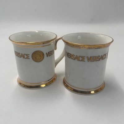 Lot of 2 Versace Medusa Fine Bone China Coffee Tea Mugs Cups White Gold Trim