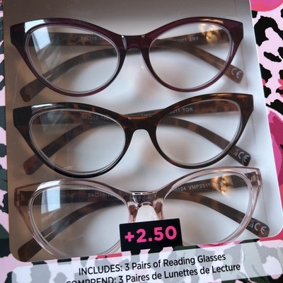 BETSEY JOHNSON 3 PACK PREMIUM READING GLASSES READERS +2.50 CAT EYE