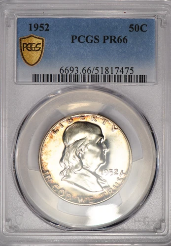 1952 TONED Franklin Half Dollar Proof PCGS PR66 PF 66 Toning Gold Shield Coin
