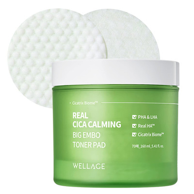 Wellage Real Cica Calming Zero Pore Toner Pads 70 Sheets Big Embo Korean Beauty