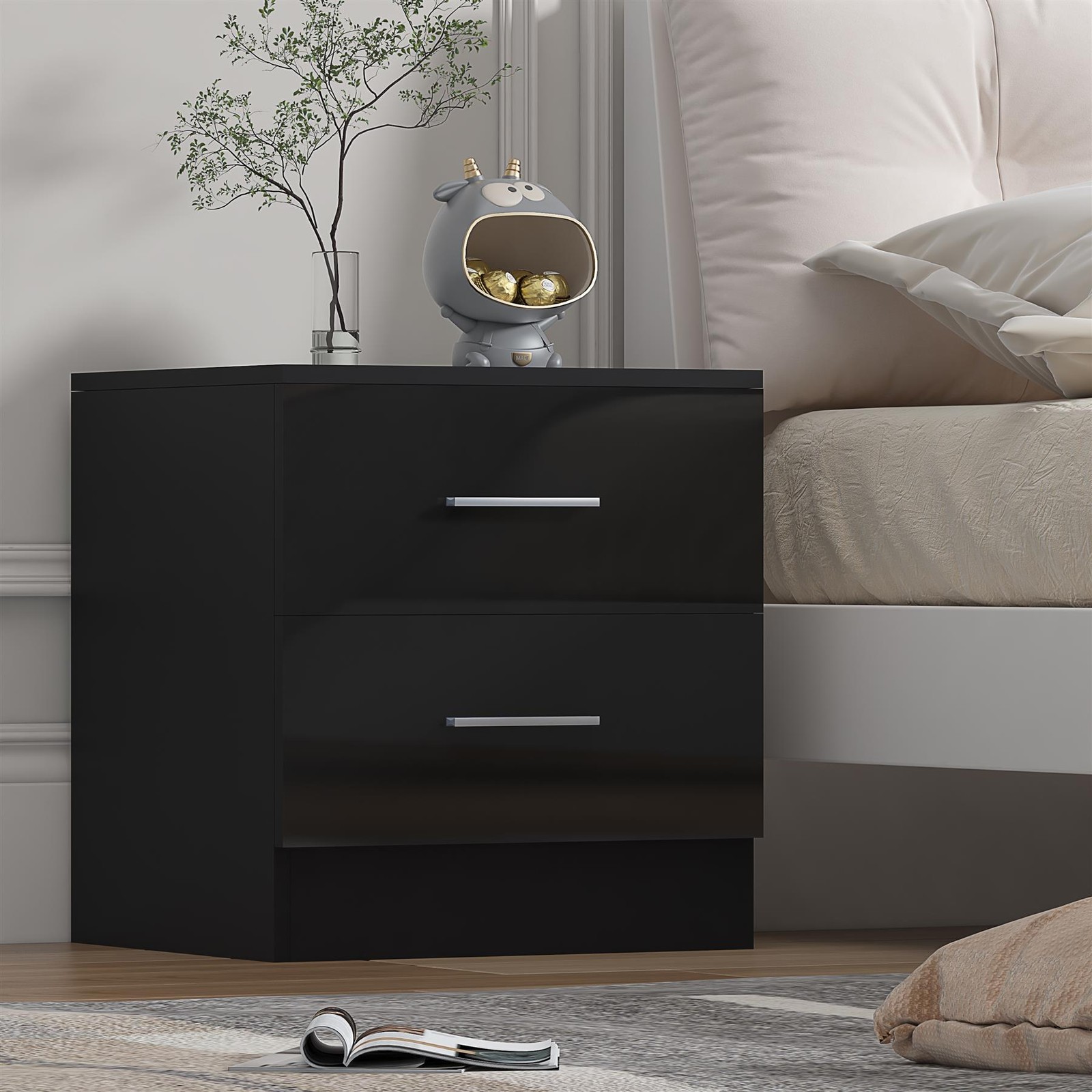 B&Q - 2 Drawer BedsideBlack Gloss & Black OakModern Nightstand For Bedroom StorageH: 48.5Cm X W: 45Cm X D: 39.5Cm - Image 5
