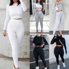 2PCS Women Sports Yoga Long Sleeve Slim Pullover Pants Set Tracksuit Jogger Suit