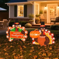 2 PCS Fall Decorations Outdoor Metal Happy Thanksgiving Decorative Garden Sta...