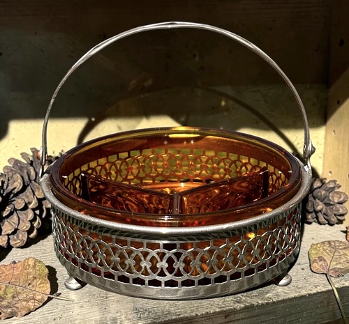 Bon Ton Silver Silver-plated Handled Caddy with Amber Depression Glass Insert