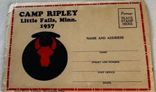 1937 CAMP RIPLEY, LITTLE FALLS, MINN POSTCARD FOLDER.  MILITARY, BADGES, PATCHES
