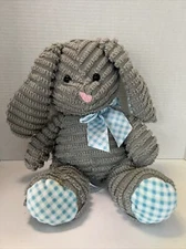 HugFun “Cord” Bunny Plush 14” Easter Rabbit Gray Stuffed Animal Blue Plaid Bow