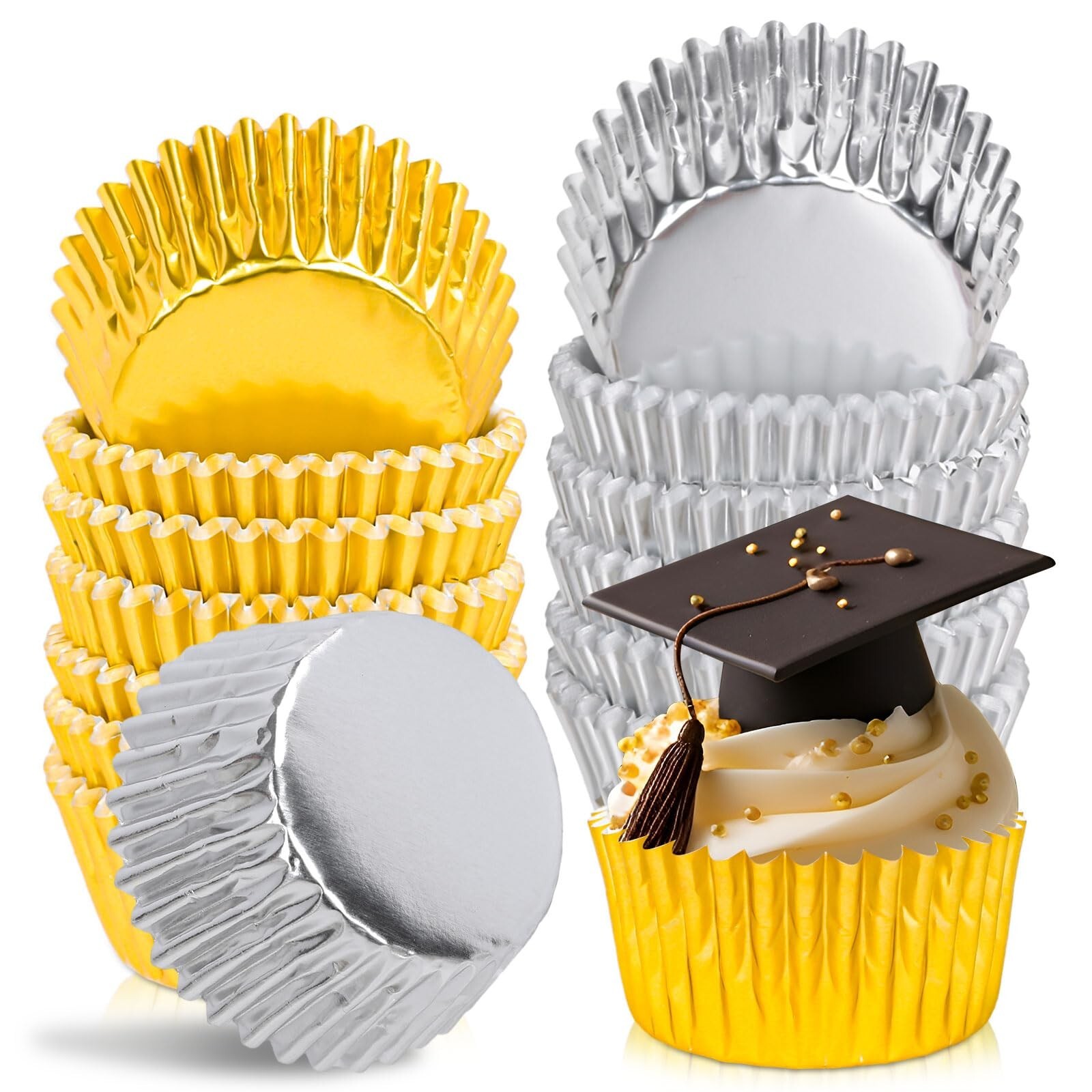 200Pcs Silver Gold Foil Cupcake Liners Graduation Foil Metallic Baking Cups C...