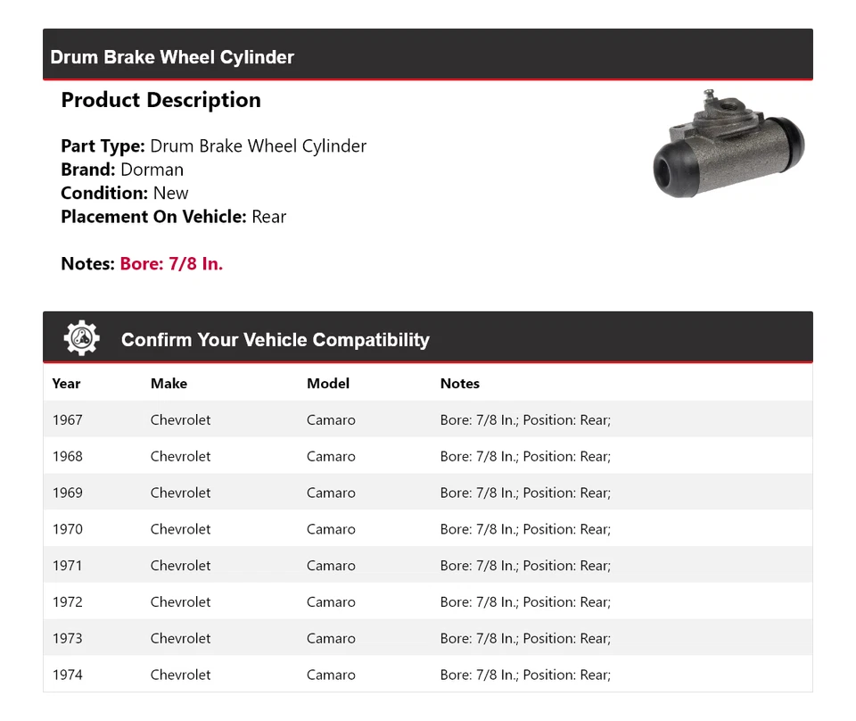 Cilindro trasero de rueda de freno de tambor para Chevrolet Camaro Dorman 1967-1974 1968 1969 Foto 2 de 4
